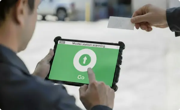 Flexible muster check-in options using rugged LTE tablets