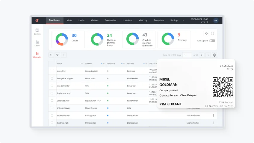 Mock dashboard showing current visitors onsite and a sample visitor badge with host and expiration.